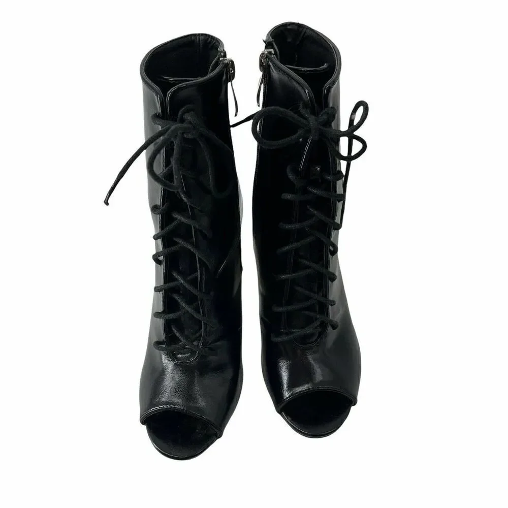 Cape Robbin Black Lace Up Victorian Open Toe Clear Chunky Heel Boots Shoe Size 6